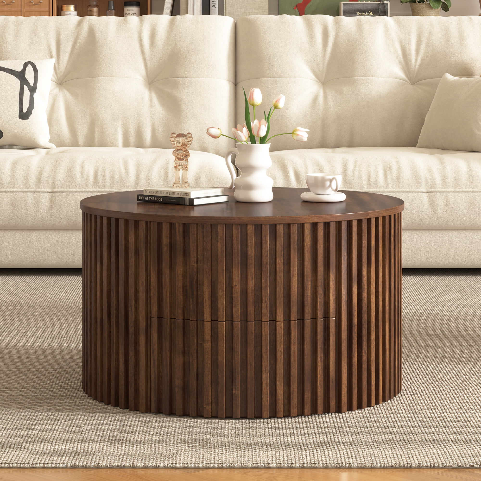 Mintazer Farmhouse Round Lift Top Coffee Table, Modern Fluted Accent Coffee Table with Drawer & Hidden Storage for Living Room, Dark Brown