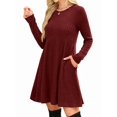 thumbnail image 3 of Long Sleeve Dress for Women Crew Neck Waist Tunic Dress with Pockets Wine Red M, 3 of 6