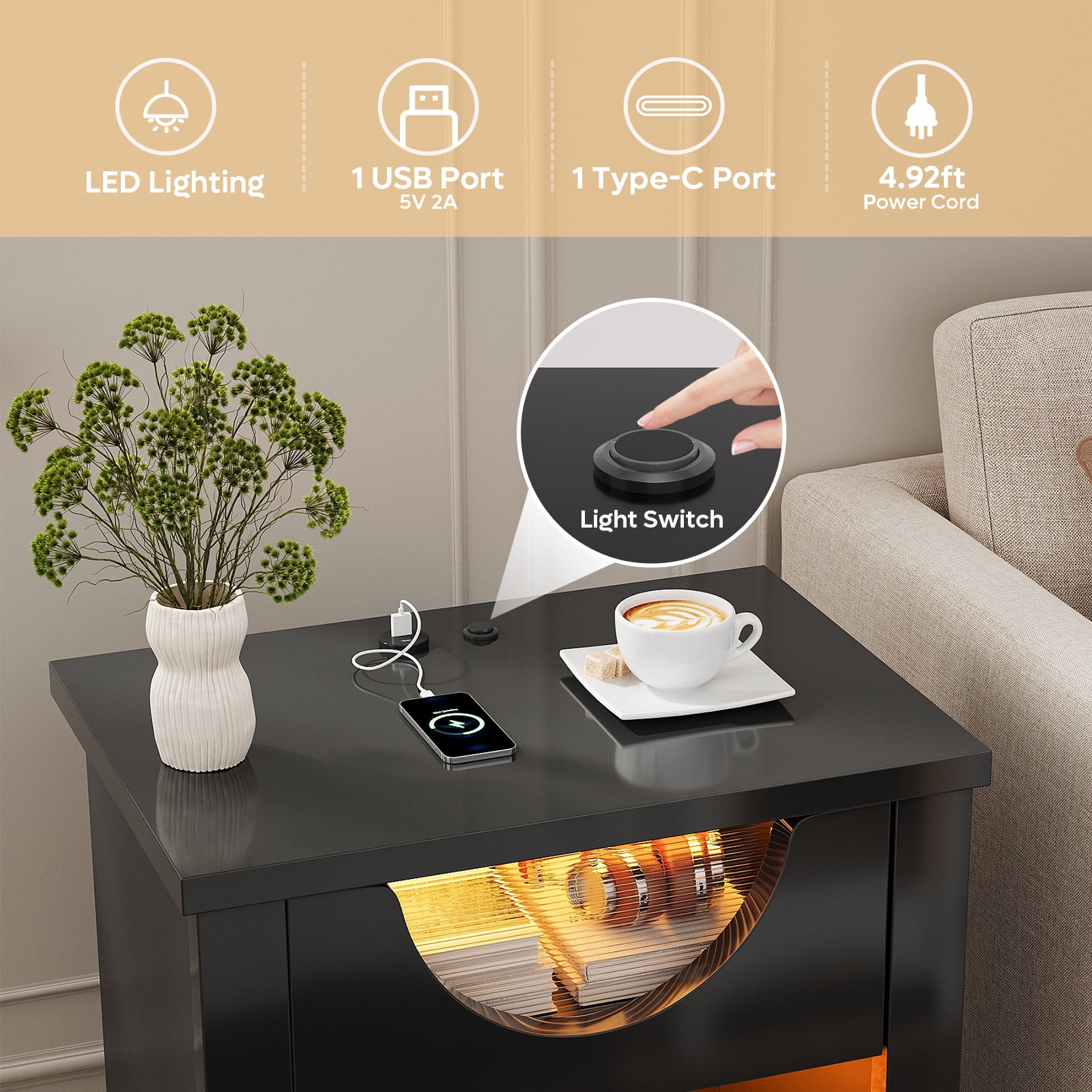 Bestier Black Nightstands Set of 2 with Charging Station, Modern LED End Table Bedside Table with Drawer for Bedroom, Living Room