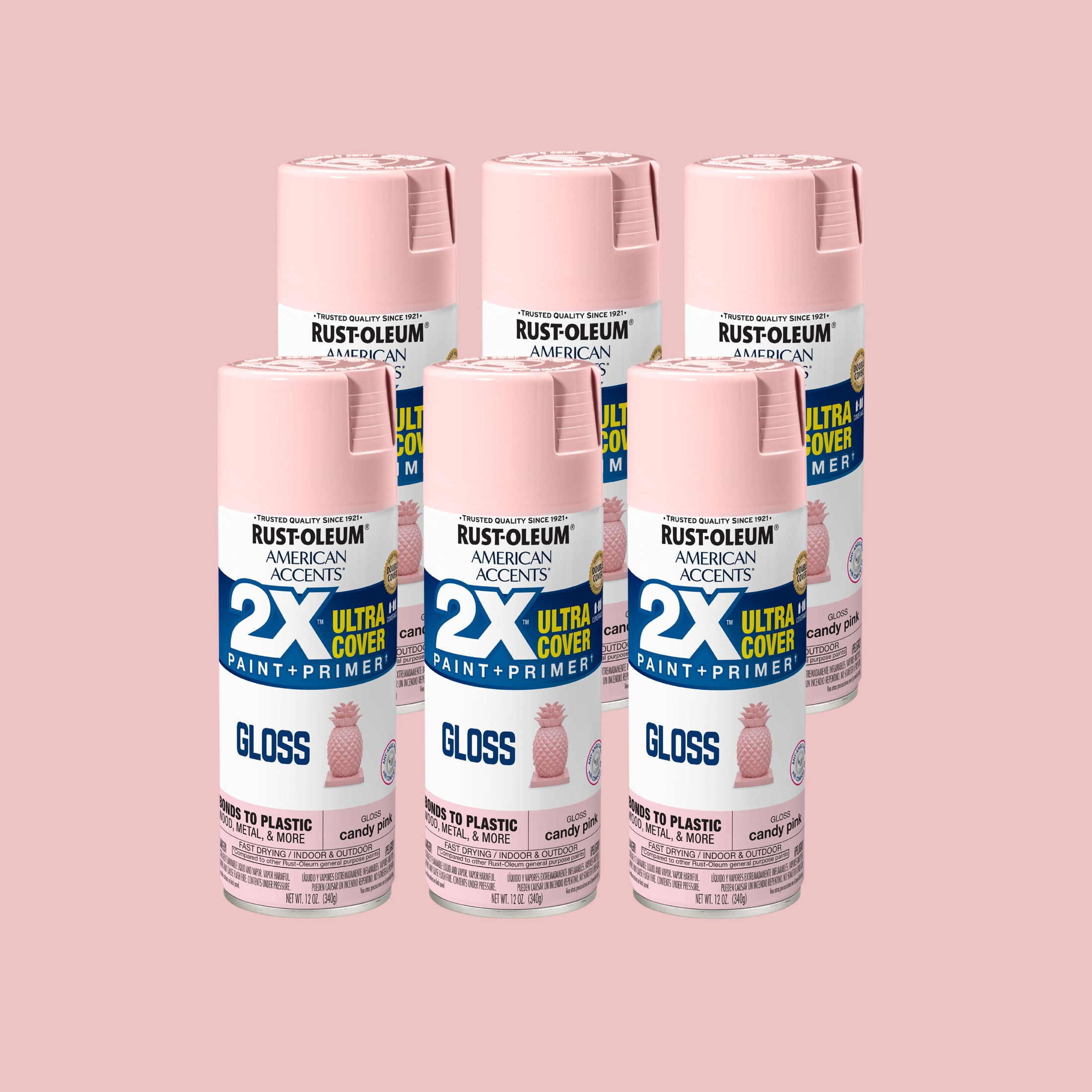 (2 pack) 6 Pack, Candy Pink Rust-Oleum American Accents 2X Ultra Cover Gloss Spray Paint-327885, 12 oz