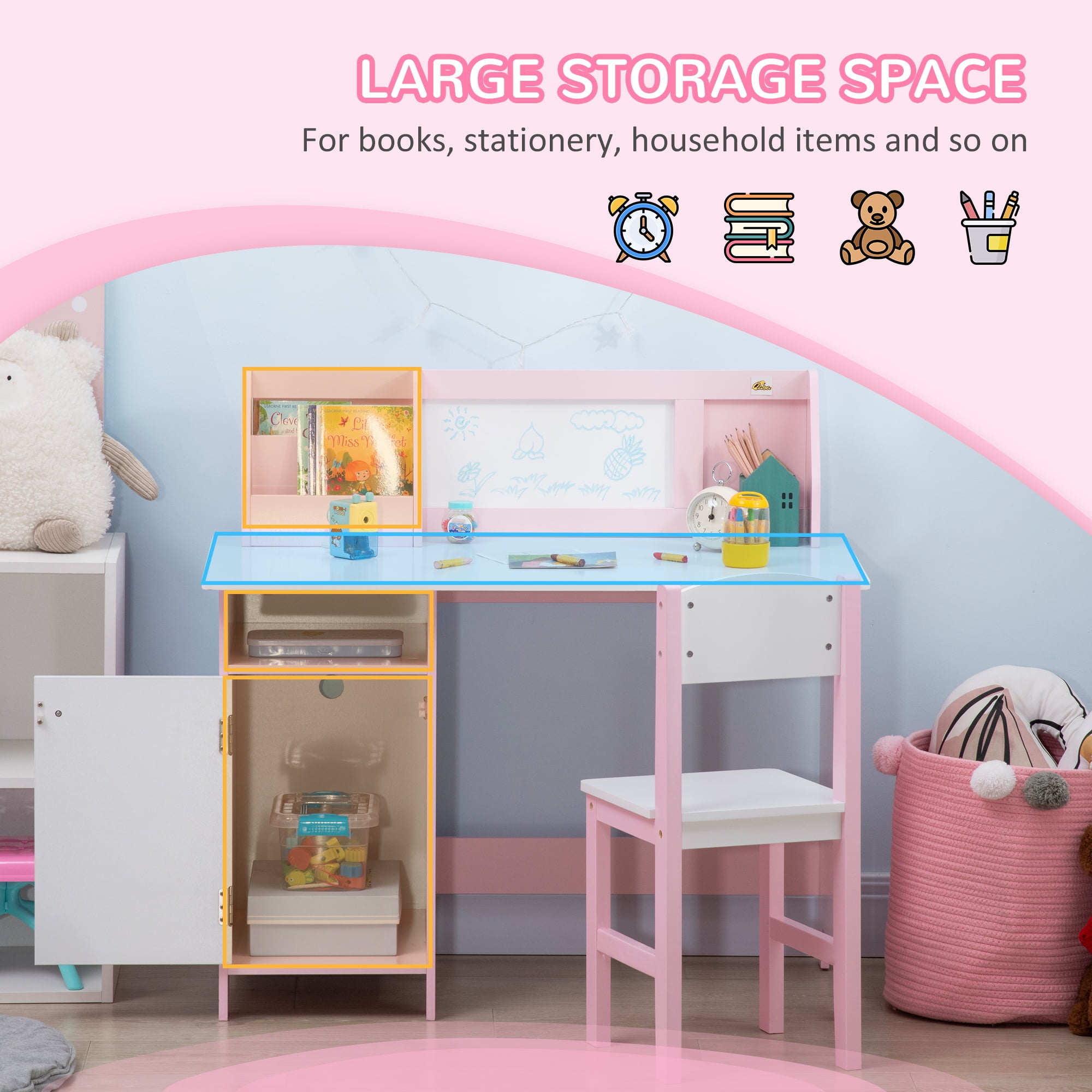 Qaba Toddler Table and Chair Set, with Whiteboard, Kids Writing Desk Homework Table, Pink