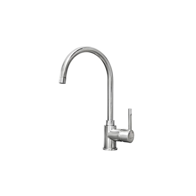 mezcladora monomando monomando sp 995 i 34 cms Teka acabado tipo acero inoxidable, vista frontal 3/4 con caño alto en U giratorio y palanca lateral, cuerpo cilíndrico pulido y boquilla con aireador anti-cal; especificaciones indican cartucho cerámico de gran duración, mangueras flexibles incluidas, altura 341 mm y presión de funcionamiento 1–5 bar.