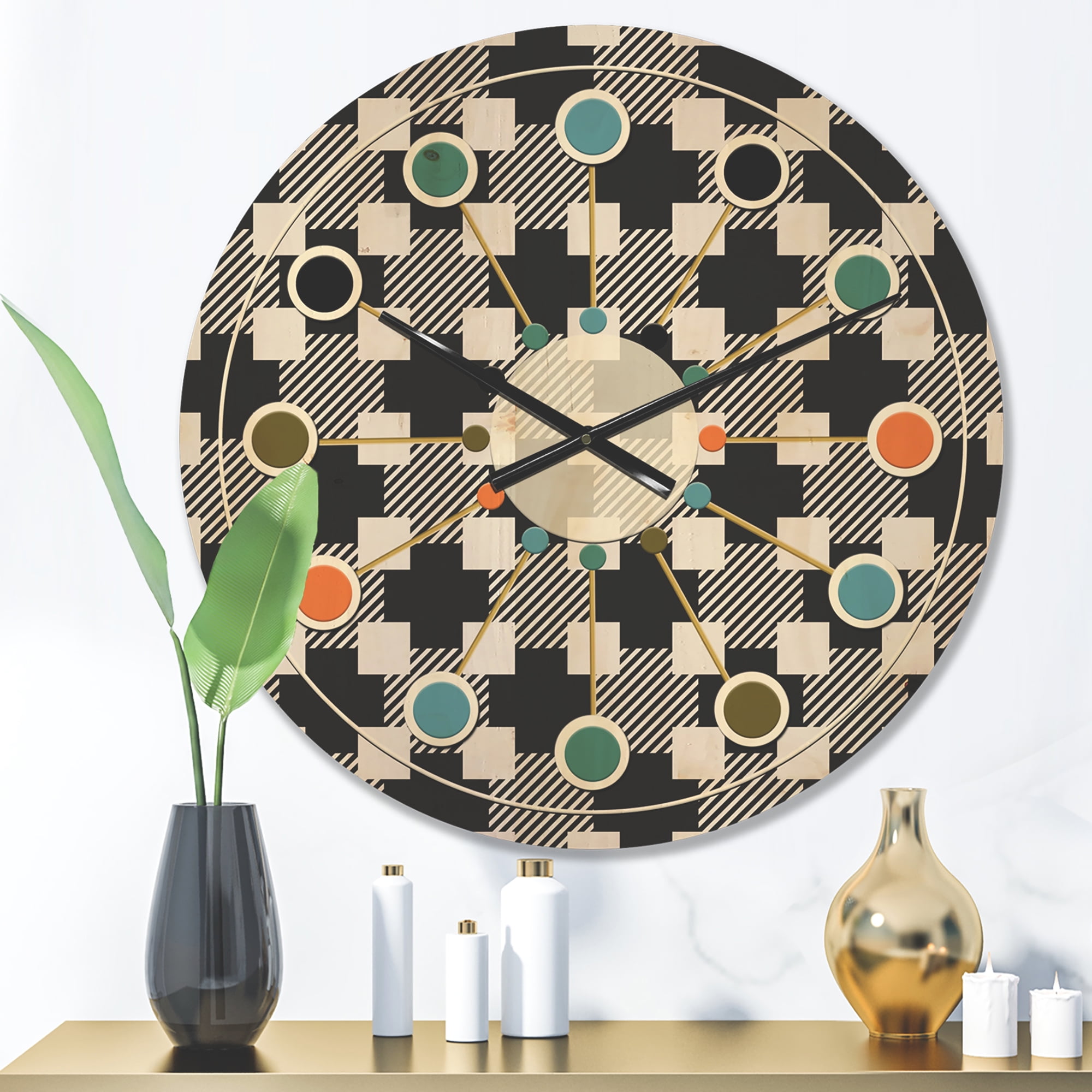 Designart 'Geometric Black and White Pattern II' Mid-Century Modern Wood Wall Clock