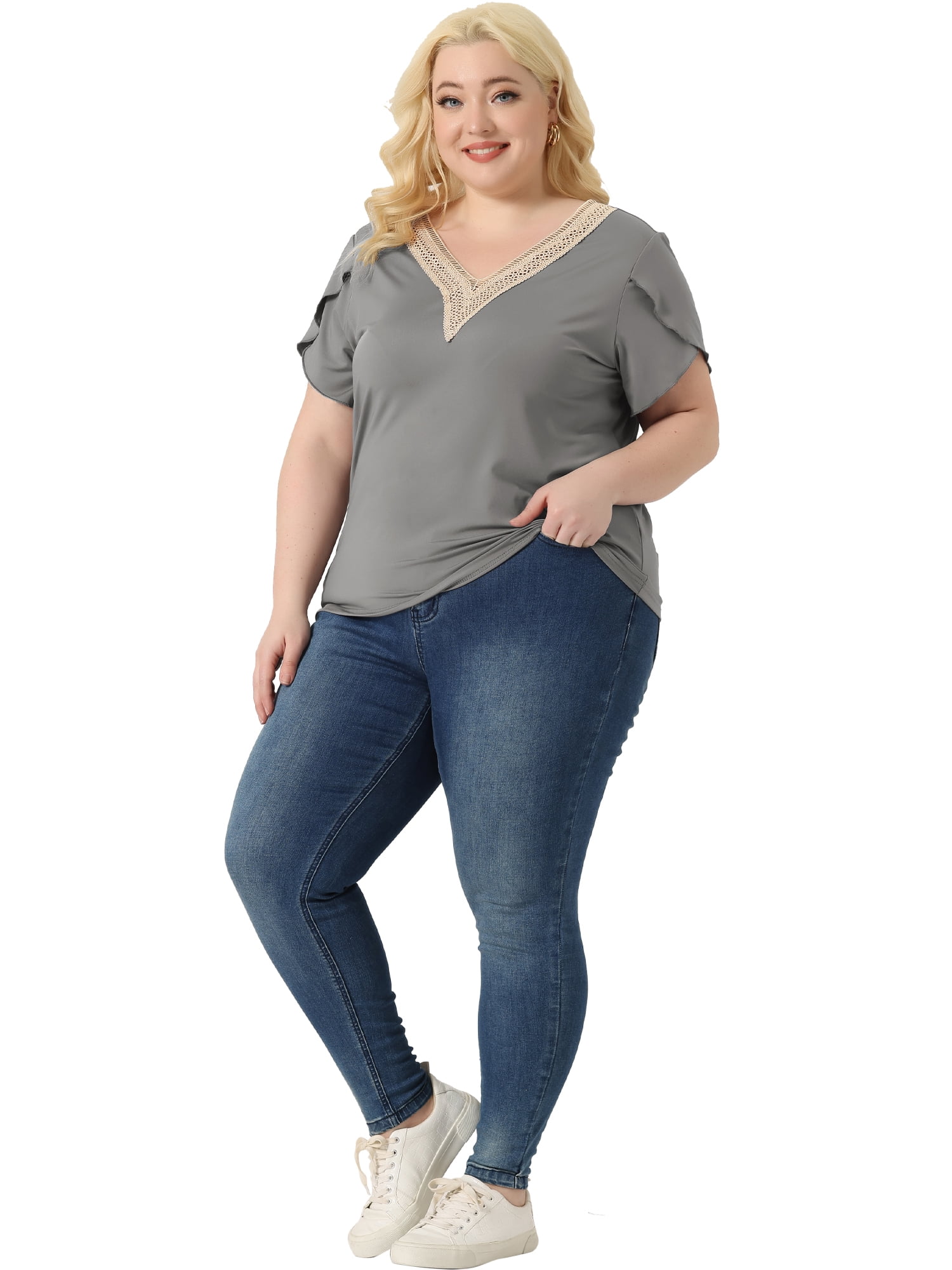 Unique Bargains Women Plus Size Casual Lace V Neck Short Sleeve Tunics Blouses Grey 4X