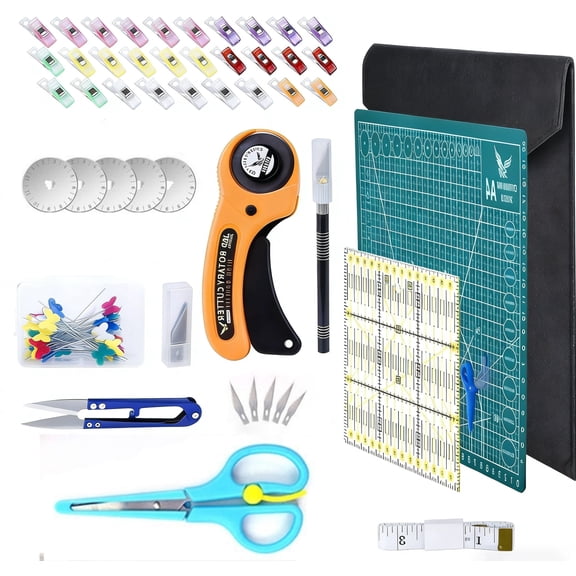 Rotary Cutter Set, 96 PCS Quilting Kit 45mm Fabric Cutters Kit with 5 Extra Blades A4 Cutting Mat Acrylic Ruler Carving Knife Craft Clips Bags Full Tools for Crafting Sewing Patchworking