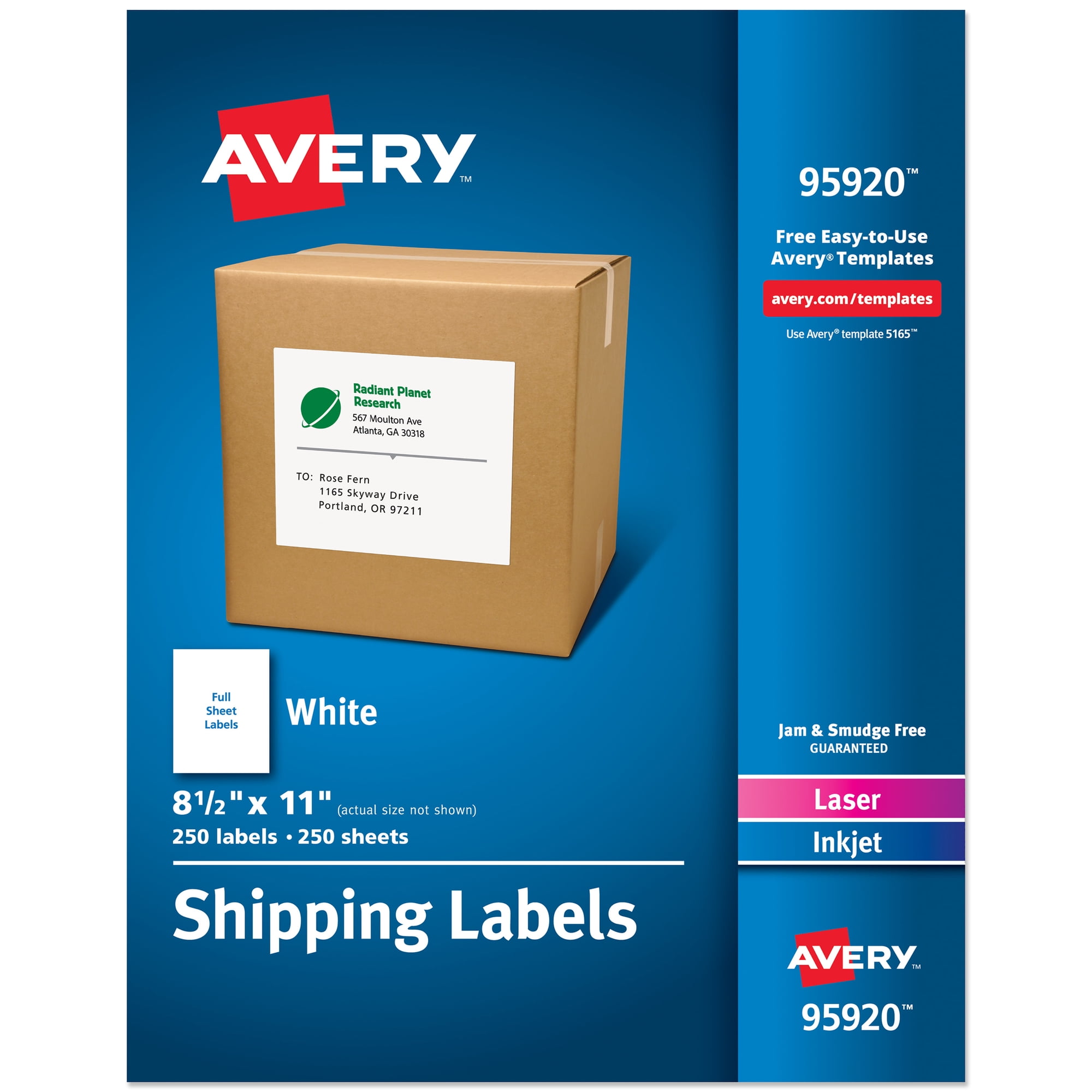 Avery Shipping Labels, 8.5" x 11", White, 250 Labels (95920)