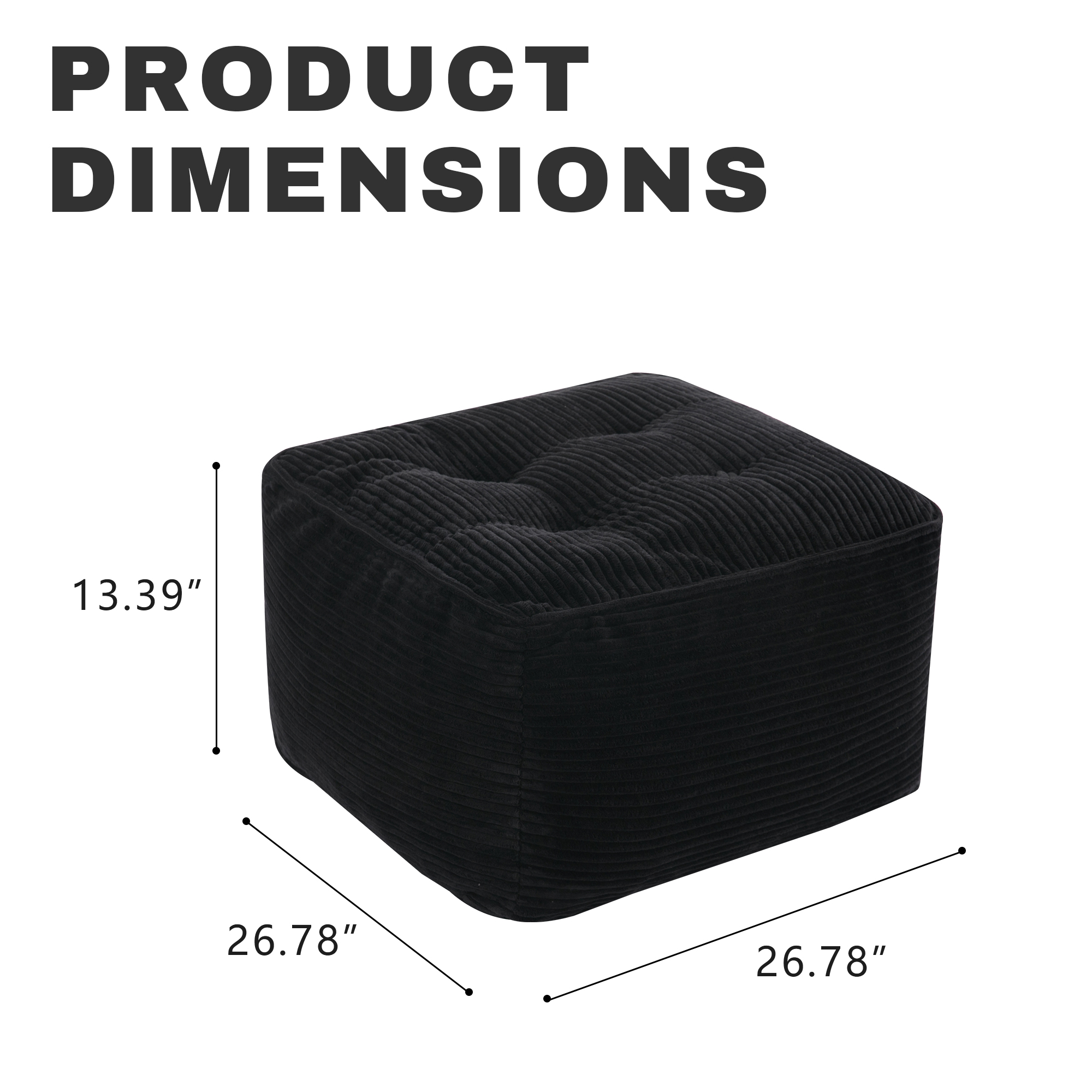 Black Corduroy Round Pouf Ottoman, Foot Rest, Foam Chunk Filling