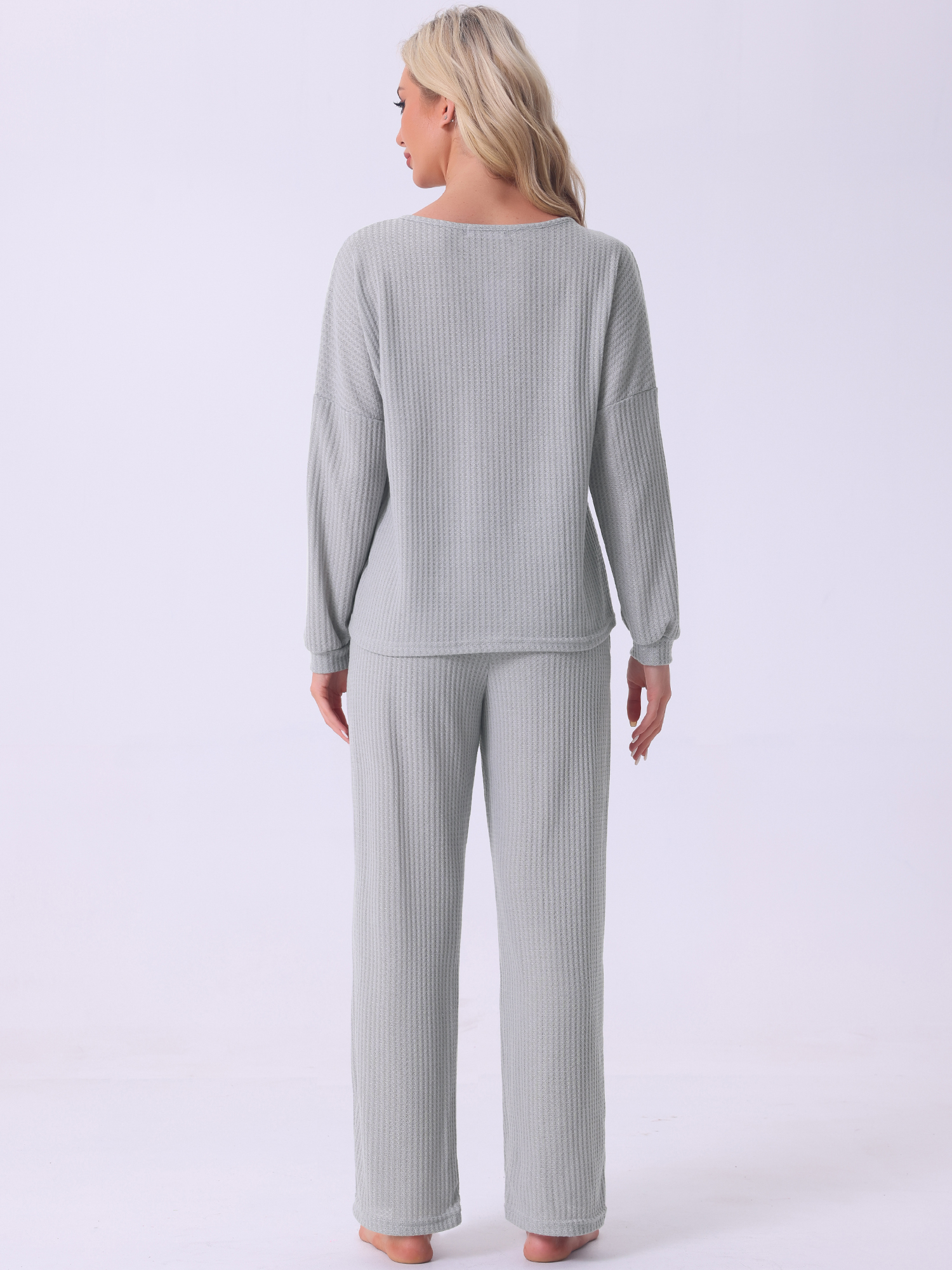 DARING DIVA Women's Pajama Set Waffle Knit Lounge Long Sleeve L Light Gray
