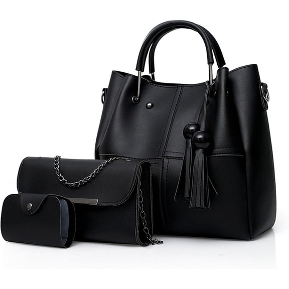 Fashion Bucket Tote Bag 3-Piece Set, Waterproof Vegan Leather Handbag, Shoulder Bag and Card Holder