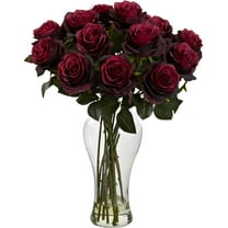Nearly Natural Blooming Roses Artificial Flower Arrangement with Vase, Red