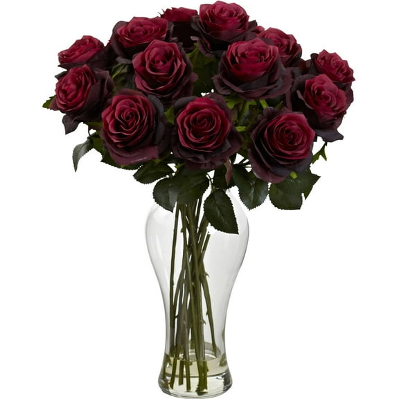 Nearly Natural Blooming Roses Artificial Flower Arrangement with Vase, Red