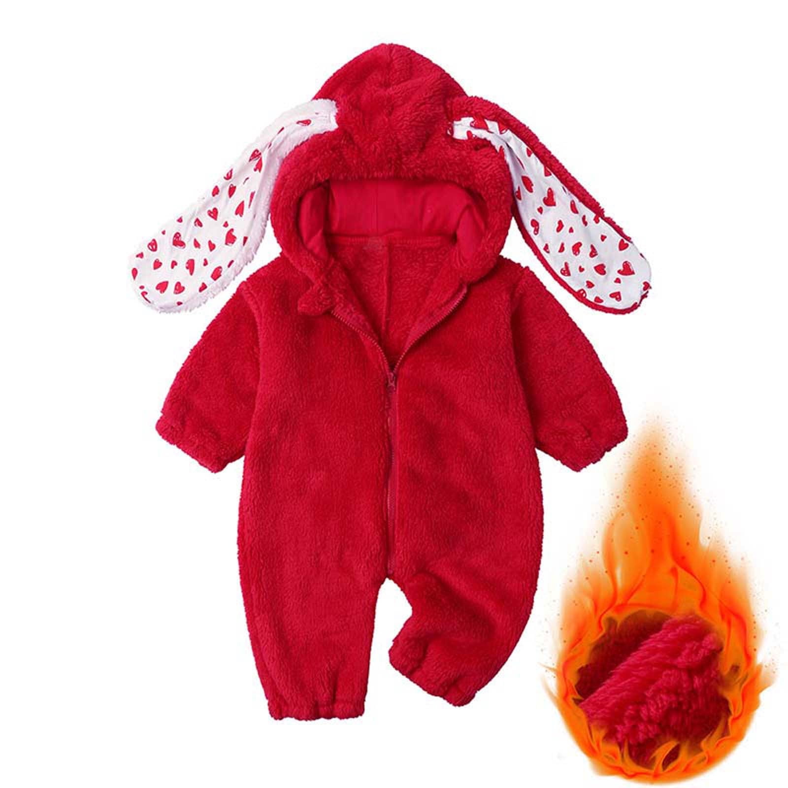UAMVSH Newborn Baby Jumpsuit Winter Clothes Infant Boys Girls Fleece Hooded Romper Long Sleeve Onesies Heart Print Ears Zipper Warm Coat