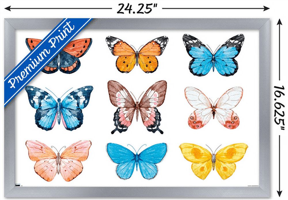 Watercolor Butterflies Wall Poster, 14.725" x 22.375", Framed