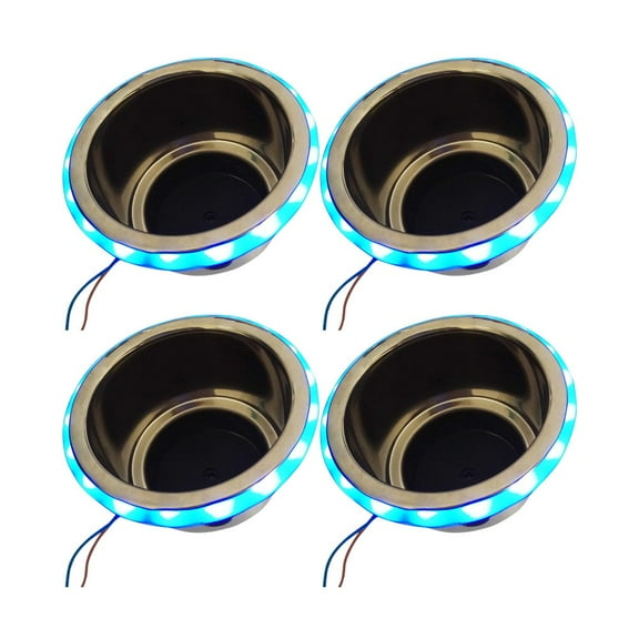 MARINE CITY Blue LED Light Cup Holder with Center Drain, Stainless Steel, Durable, Corrosion-Resistant, Easy Installation for Boats, Poker Tables, Yachts, Ships Pack of 4