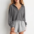 thumbnail image 2 of VEKDONE V-Neck Hoodies for Women Solid Cropped Hooded Sweatshirt Fall Long Sleeve Loose Fit Pullover Sweatshirts Cute Lounge Blouse, 2 of 9