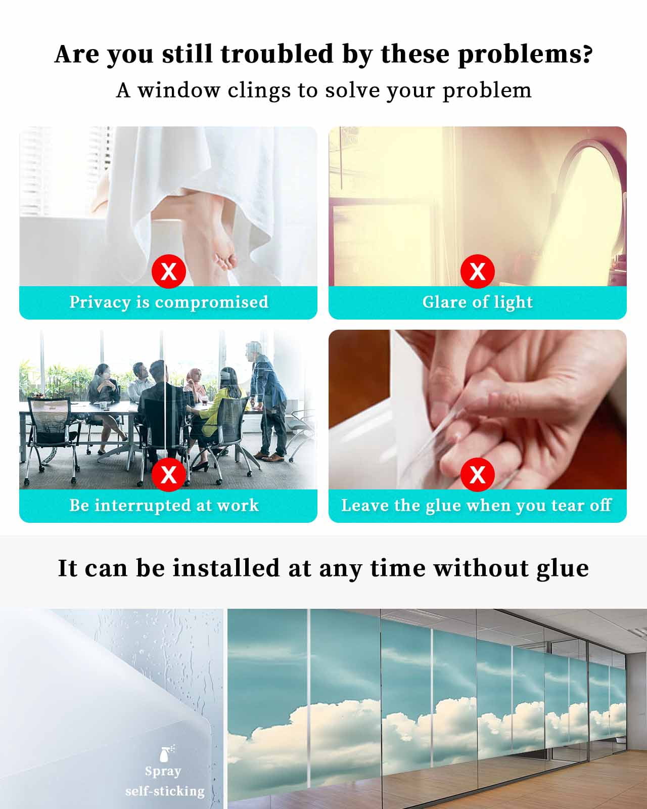 Window Privacy Film Light Blue Cloudy Sky Stained Glass Window Film Decorative Sun Block Window Cover Modern Retro Clouds Scenery Window Clings Static Adhesive Sticker for Bathroom 23.6"x59"