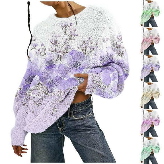 Aboser Fuzzy Fleece Sweatshirt for Women Warm Winter Plush Shirts Fashion Floral Graphic Sweatshirts Oversized Long Sleeve Pullover Tops Fluffy Plush Loungewear