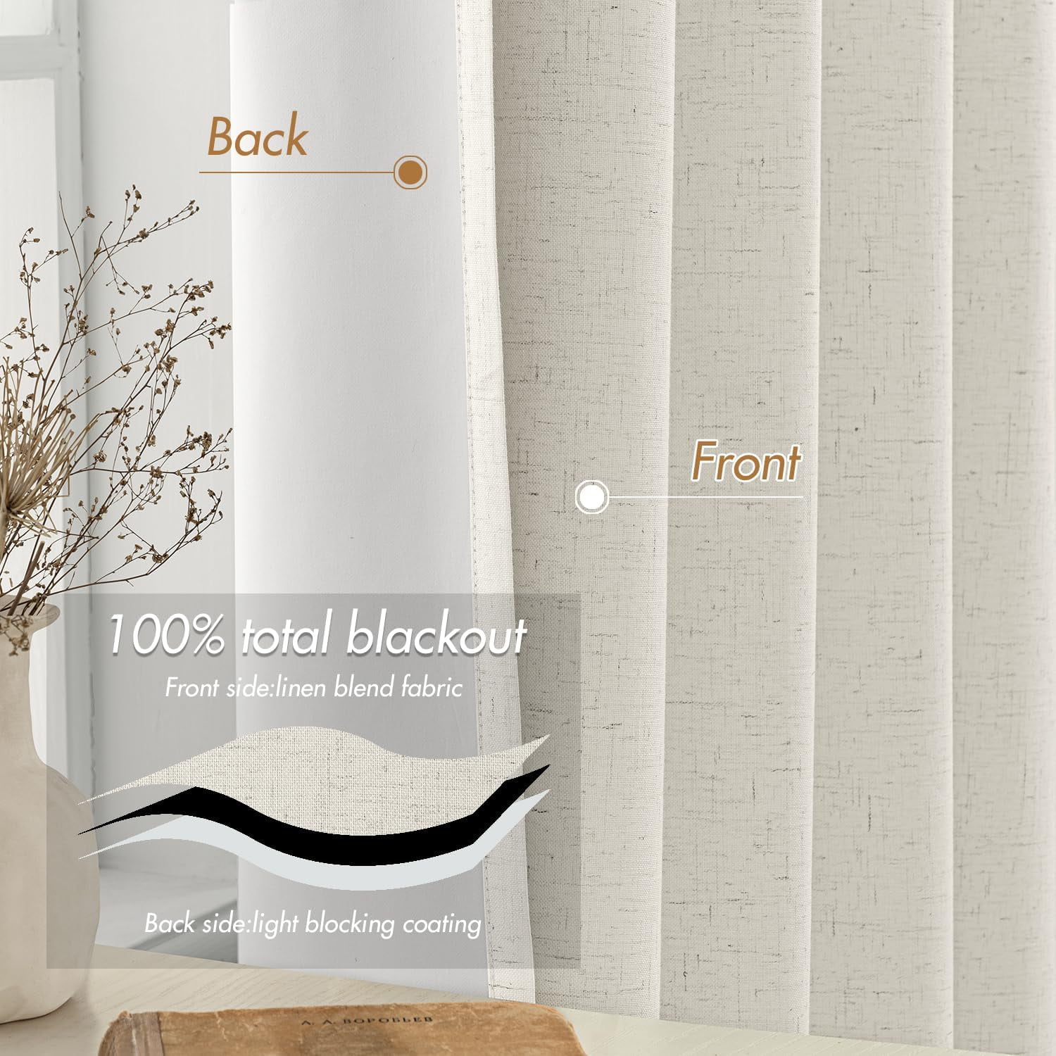 Cream Beige Linen Blackout Curtains 84 inch Long 2 Panels Set for Bedroom Back Tab Thermal Insulated 100% Black Out Drapes Pinch Pleated Hooks Room Darkening Window Curtain for Living Room