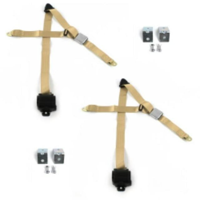 VW Karmann Ghia Airplane 3 Point Tan Retractable Bucket Seat Belt Kit with Bracketry - 2 Belts