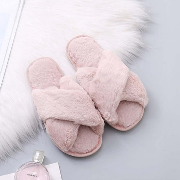 Slippers for Women, Open Toe Fuzzy Fluffy House Slippers Cozy Memory Foam  Anti-Skid Plush Cross Furry Slippers Indoor Outdoor 36-37 Pink 