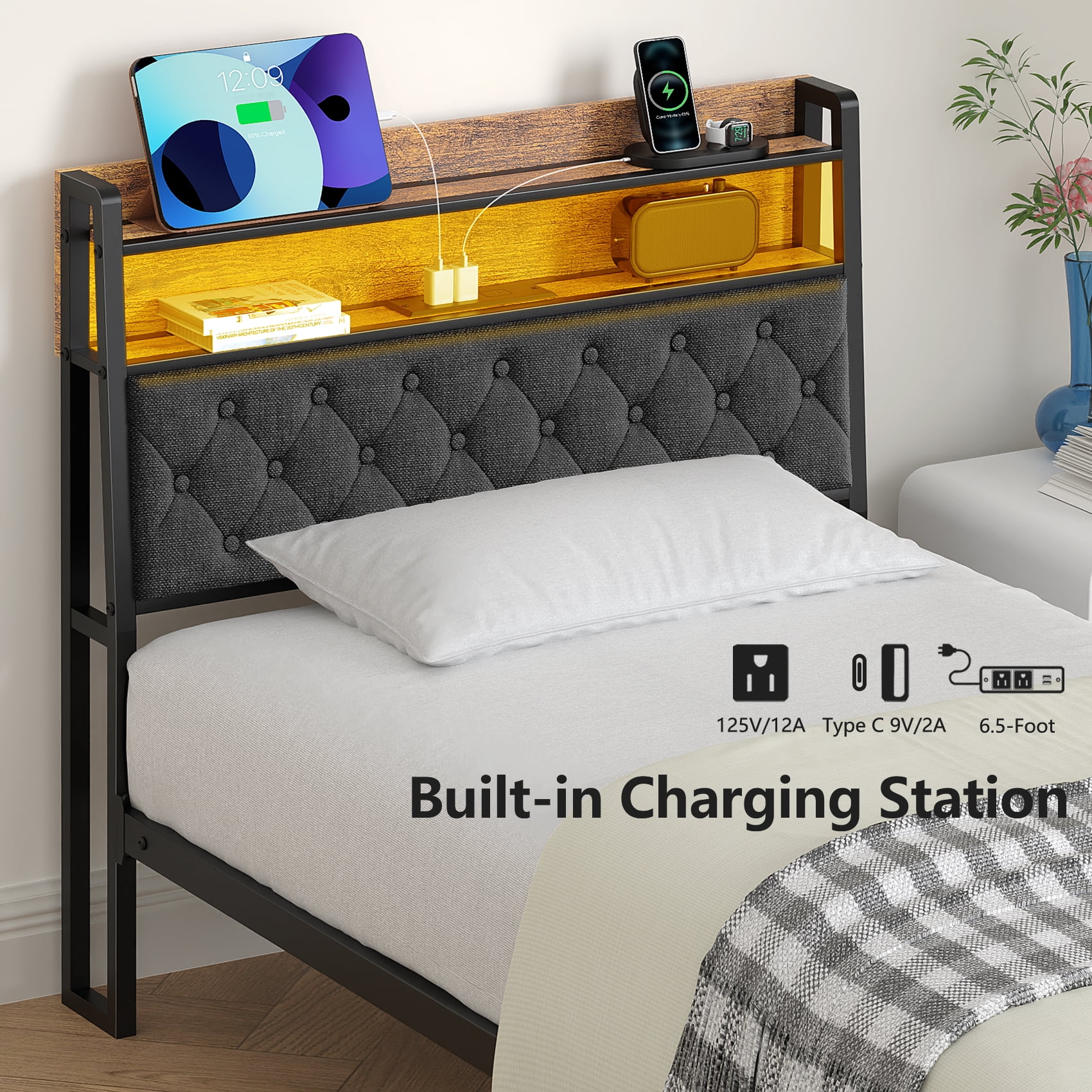 Frmobepts Twin Bed Frame with LED Light, Power Outlets & USB Charging Port, Upholstered Headboard with Storage, Metal Platform Bed, Gray