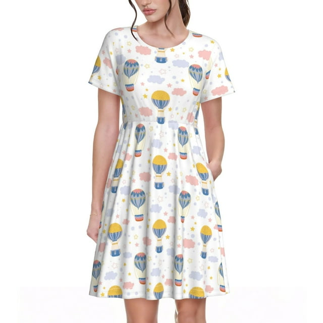 Fotbe Hot Air Balloon Vestido Largo de Moda para Mujer, Vestido Tipo Camiseta con Manga Corta y Estilo Casual a Rayas y Bloques de Color