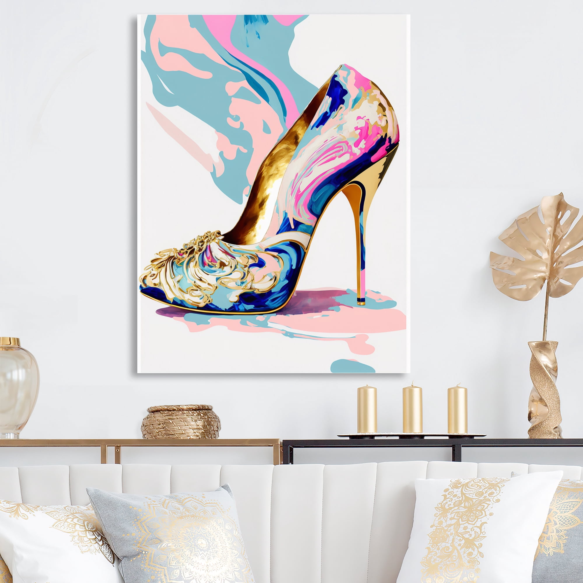Designart Pink And Blue Art Deco High Heel Shoes II Canvas Wall Art
