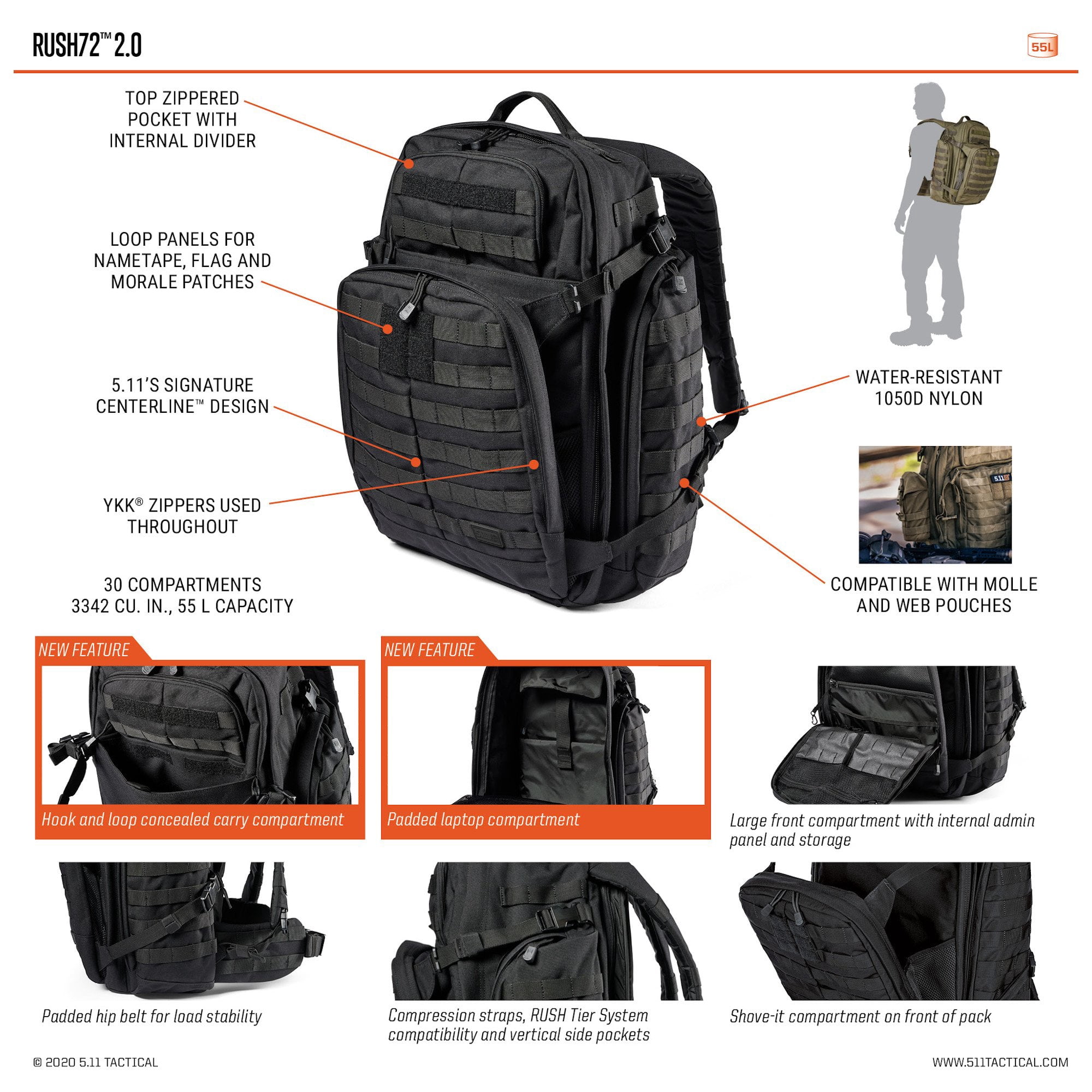 5.11 Work Gear RUSH72 Backpack, Molle Bag Rucksack Pack, 55 Liter, Sandstone, 1 SZ, Style 58602