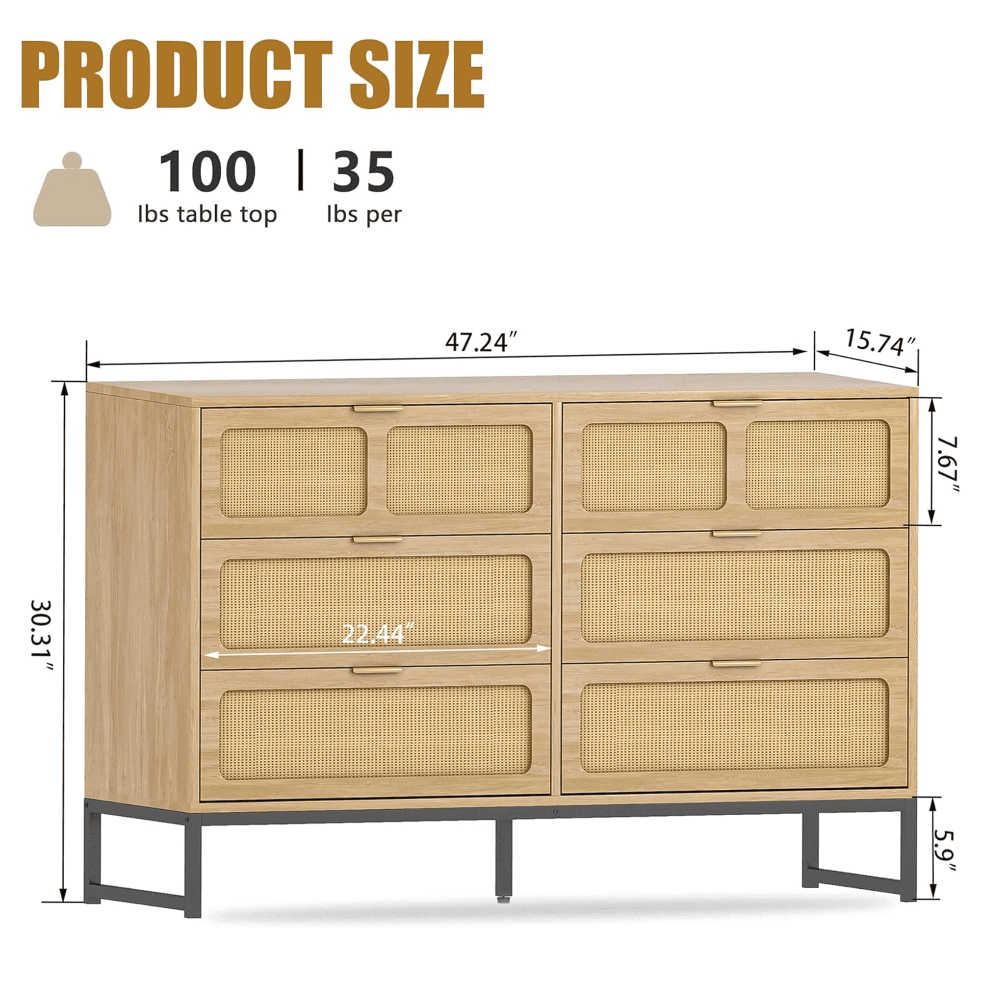 6 Drawer Double Dresser, Rattan Chest of Drawers, Wood Storage Chest for Bedroom Living Room