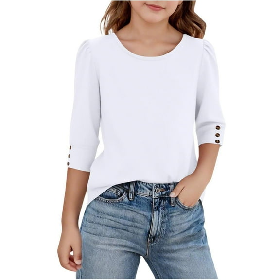 fatyb Girls 3/4 Sleeve Tops Casual Crew Neck Cute T Shirts Kids Loose Tees Girls Solid Color Blouses
