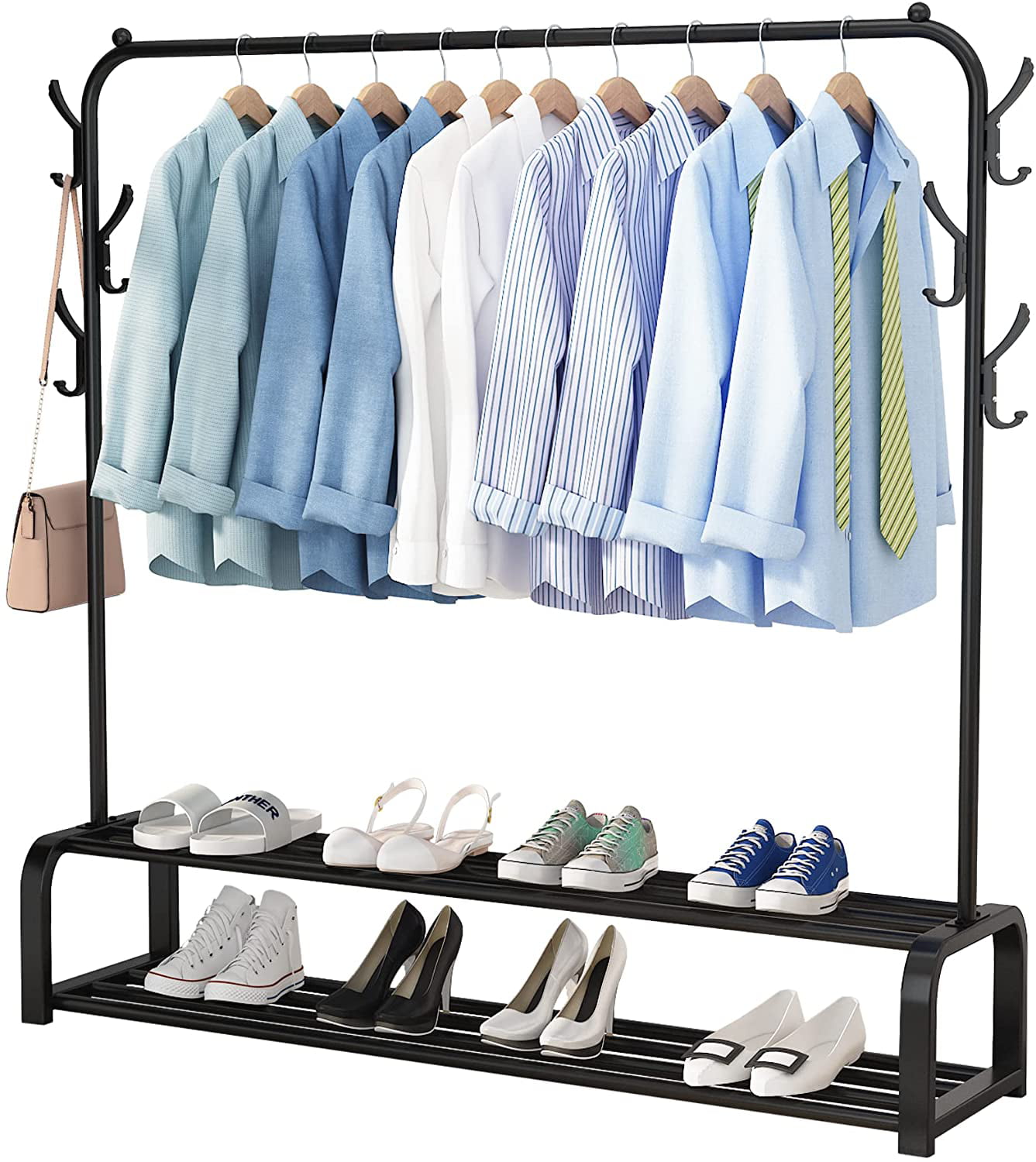 UDEAR Garment Rack Free-standing Clothes Rack With Top Rod,Lower Storage and 6 Hooks,Black 