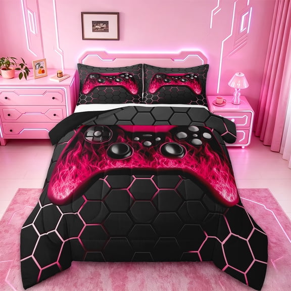 Manfei Neon Gamepad Bedding Sets Twin with Comforter,Modern Geometric Honeycomb Duvet Insert,Red Black Comforter Sets Twin Size For Boys Kids,Super Cozy Bedroom Decor Reversible,2pcs