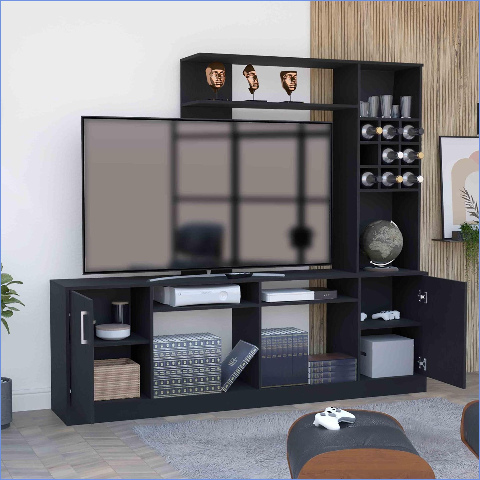 TV Furniture, Modern Black Entertainment Center with 6 External Shelves & Double Door Cabinet, Fits TVs Up to 37" | Particle Board | Primary Living Space