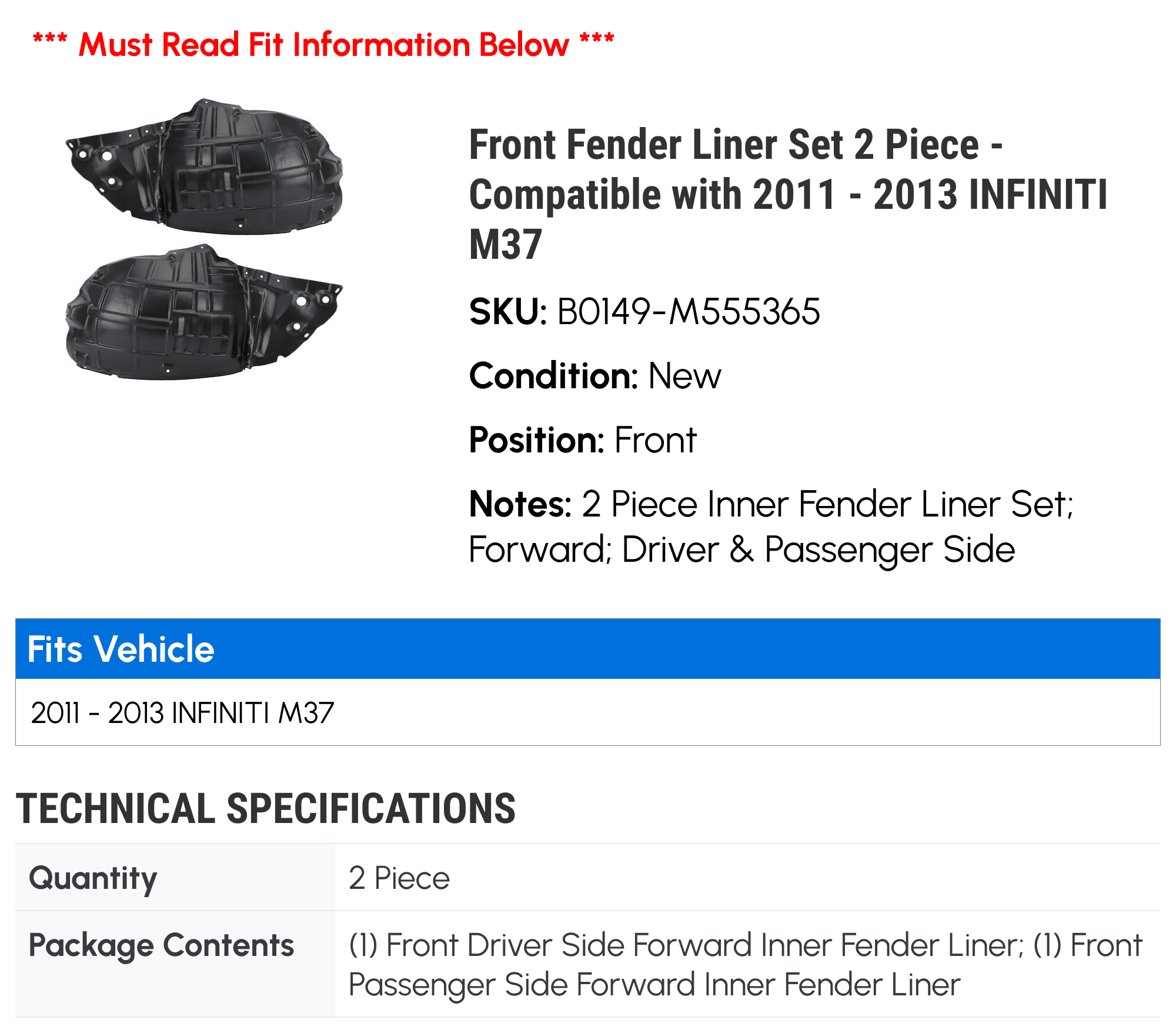 Evan-Fischer Pair Of Front Fenders For Infiniti M37 2011-2013 – Driver & Passenger Side, Primed Steel