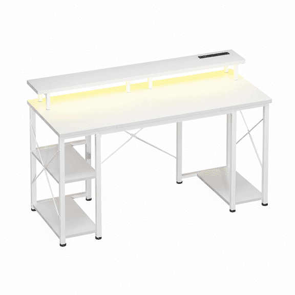 EDX 48 inch Gaming Desk with LED Lights & Power Outlets, Computer Desk with Monitor Stand & Storage Shelves, CPU Stand, Home Office Desk, White