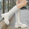 thumbnail image 4 of Xfvqtps Womens Lace up Knee High Boots Chunky Block Heel Winter Fashion Boots Flatform Sole Faux Leather Casual Boots for Women White, 4 of 9