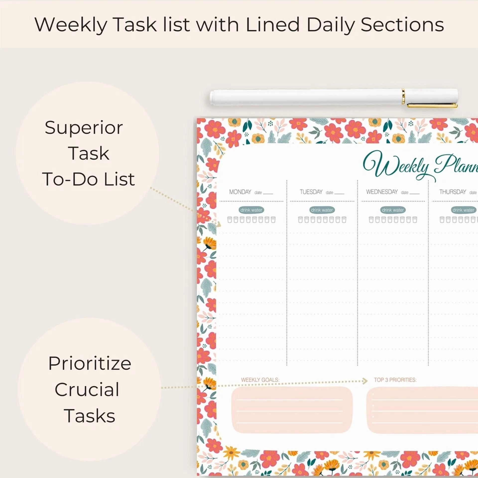 Floral Weekly Planner -To-Do List With Water Tracker And 52 Tear-Off Sheets