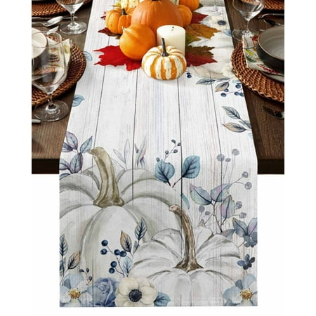 

Table Runner 70 Inches Long Pumpkin Fall Autumn Blue Leaf Wood Plank Cotton Linen Table Runners Non-Slip Durable Dresser Scarves for Table Party Dinner Holiday Home Decor 1 Pack