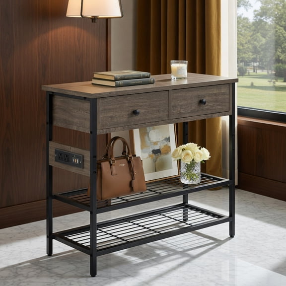 Resenkos Narrow Console Table with 2 Drawers and 2 Metal Mesh Shelves-Gray, Narrow Console Table, Entryway Hall Table with Shelves for Foyer & Entry Spaces