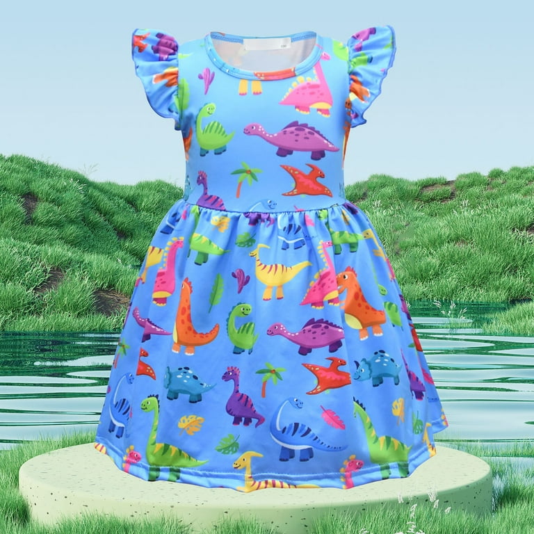 Little Girl Dresses Size 5 Years 6 Years Summer Dress Cotton Dress Animal Dinosaur Print Dress Girls Clothing
