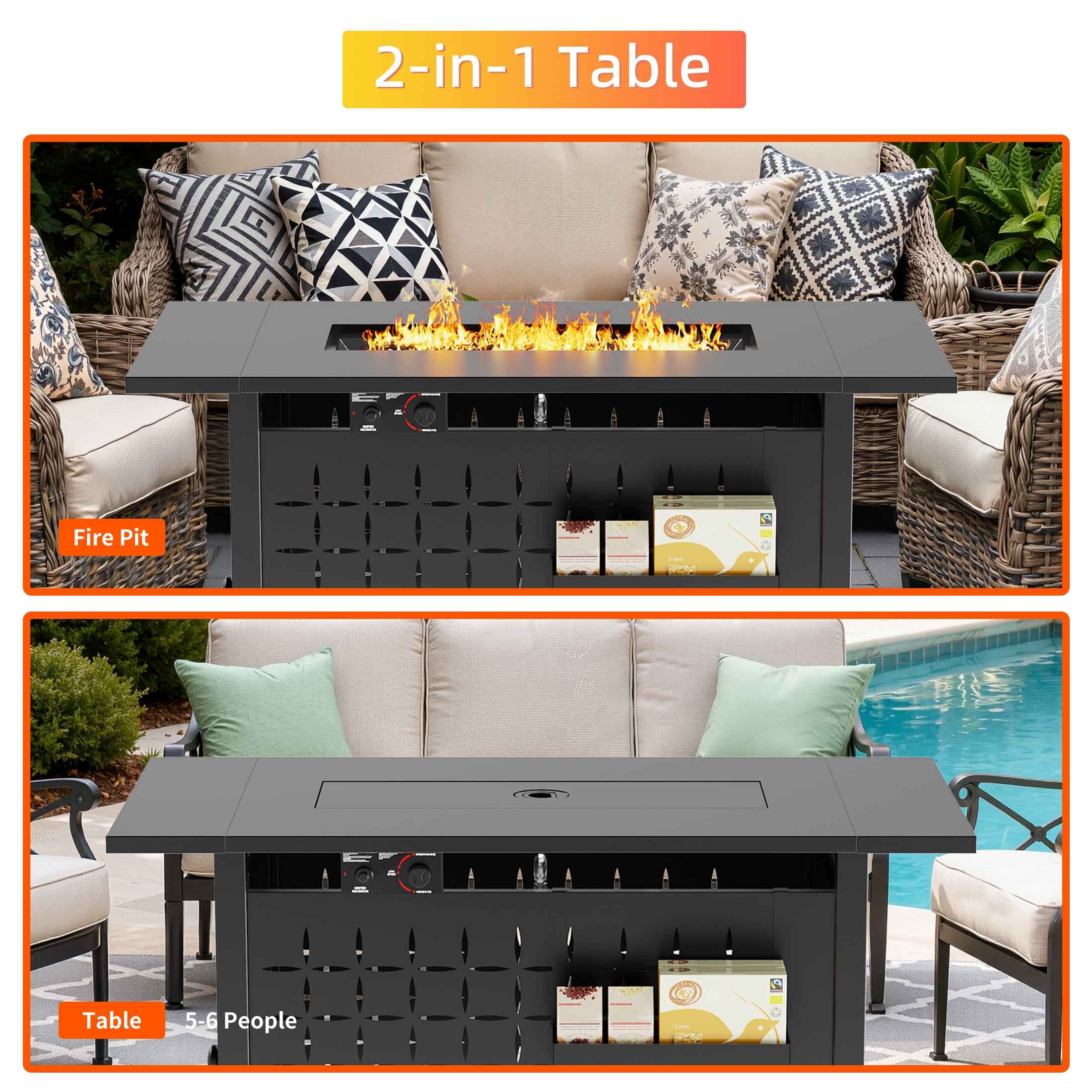 Enyopro 43" Propane Fire Pit Table, 60,000 BTU 2-in-1 Auto-Ignition Rectangular Fire Pit with Hidden Propane Tank Design, Lava Rock & Steel Lid for Patio, Porch, Garden, CSA & ETL Certified