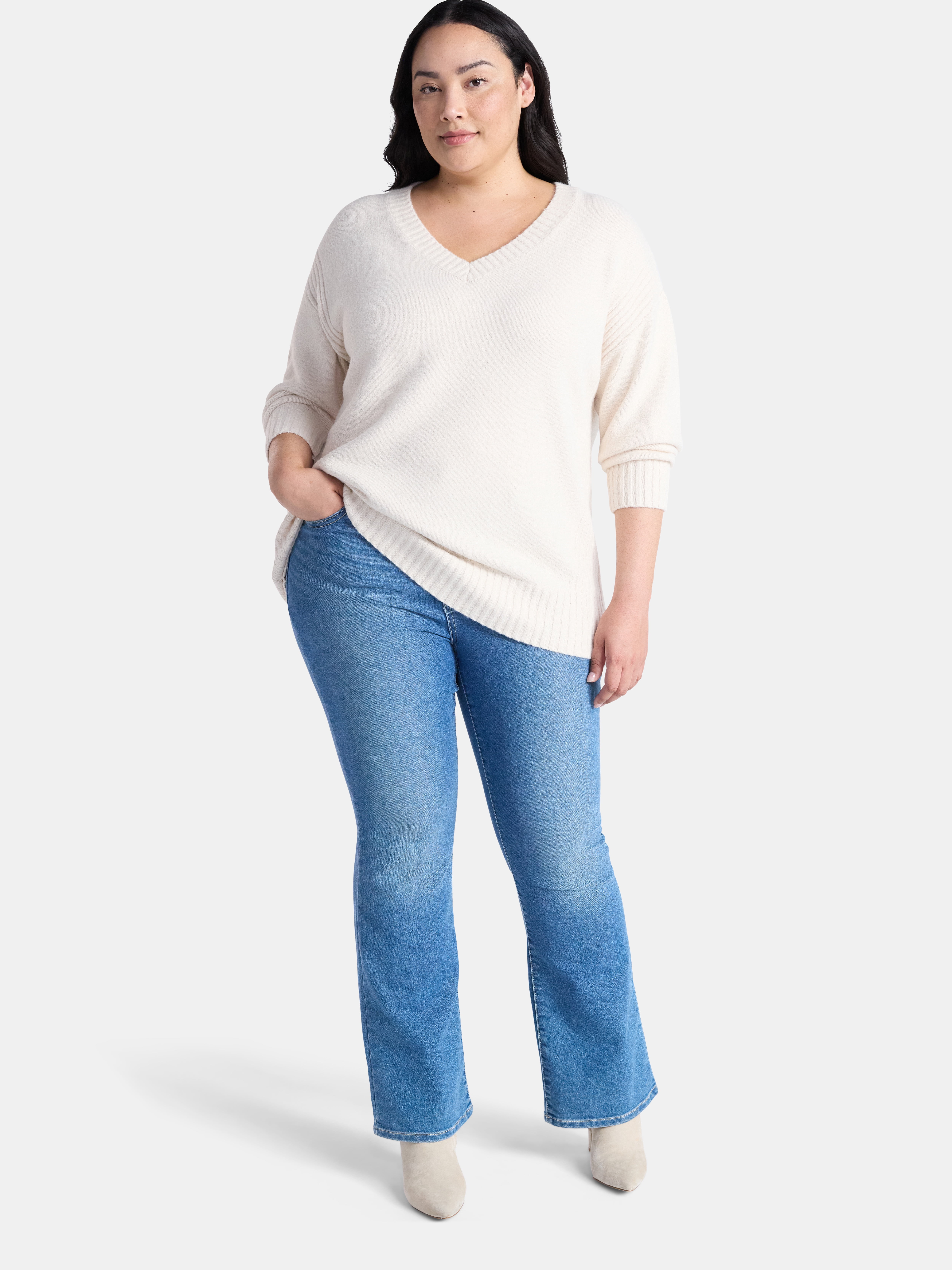 Terra & Sky Women's Plus V Neck Tunic Sweater, Lightweight, Sizes 0X-5X
