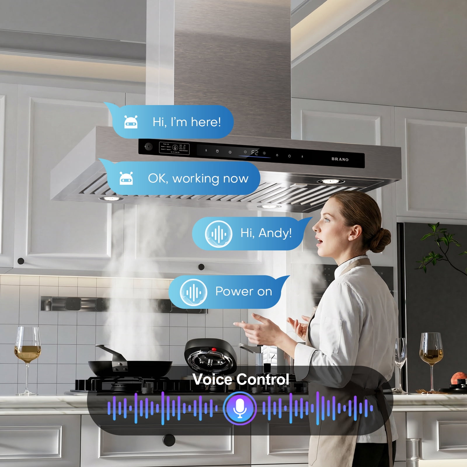 BRANO 30” Island Range Hood 900 CFM – Smart Gesture & Voice Control, Stainless Steel Vent Hood, 4-Speed Fan, LED Lights, Ducted/Ductless Convertible