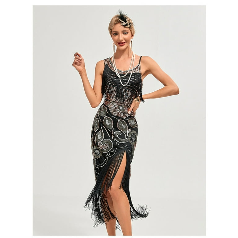 Vintage Great Gatsby Party Flapper Dress Sleeveless Sequins Tassel Dresses Cocktail Prom Size XS 3XL Long Skirt Black And gold XL
