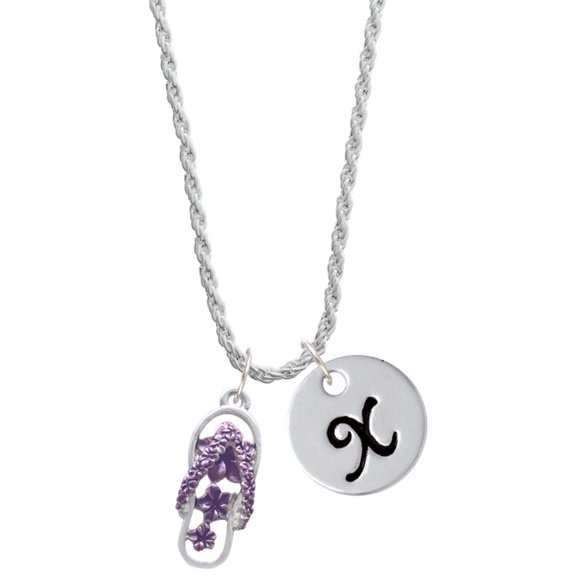 Delight Jewelry Silvertone Purple Open Plumeria Flower Flip Flop Silvertone Script Initial Disc - X - Charm Necklace, 20"+3"