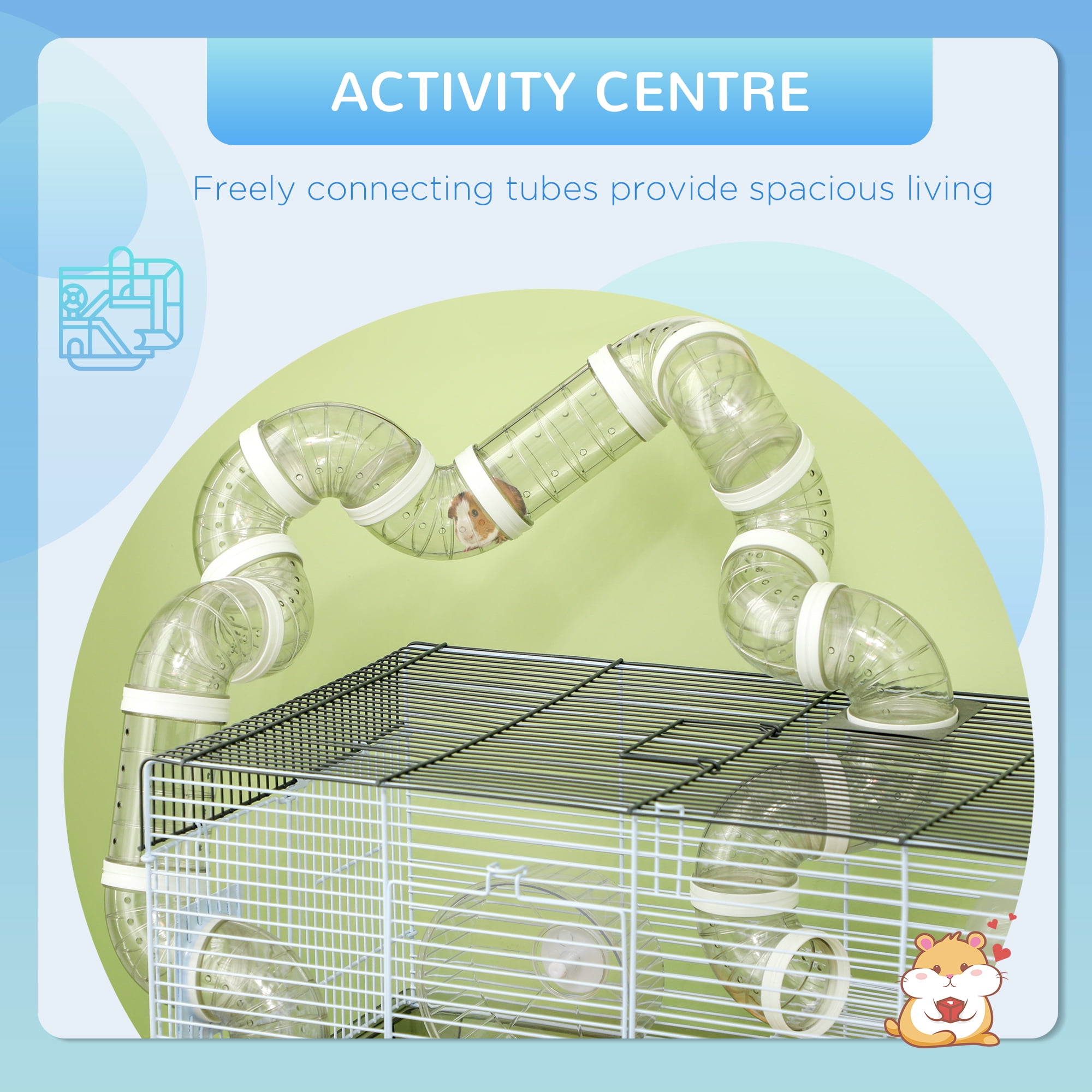 PawHut 2 Levels Hamster Cage for Gerbil or Dwarf Hamster with Tube Tunnels, Exercise Wheel, Food Dish, Water Bottle, Ramp, 23" x 13" x 12", Gray
