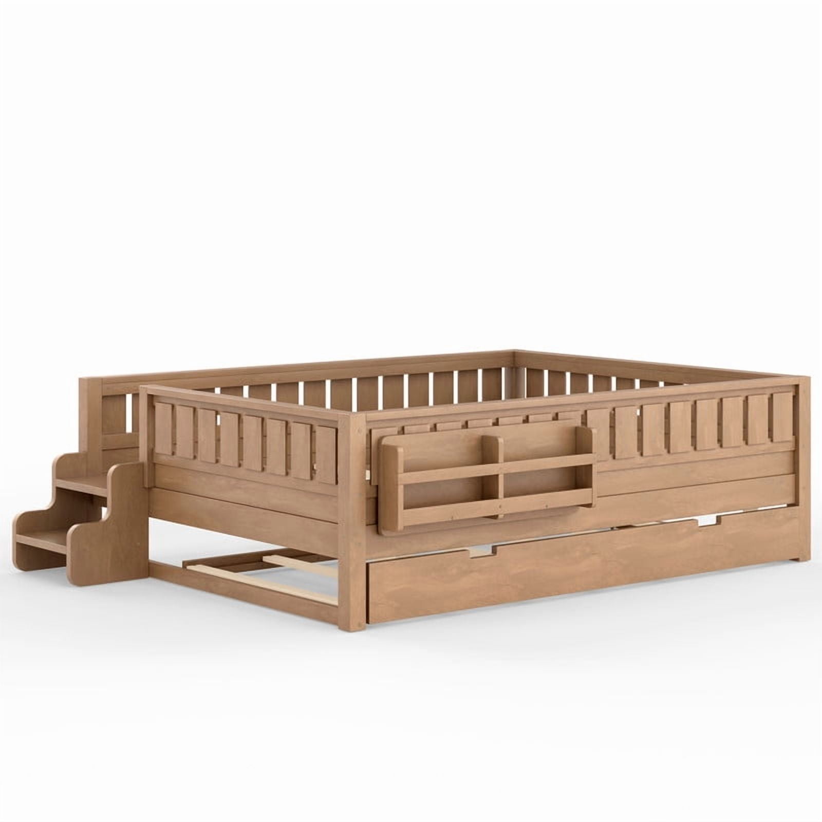 Queen Size Low-Profile Kid's Platform Bed with Built-in Bookshelves & Small Staircase, Wooden Bed Frame with Safety Rails & Trundle