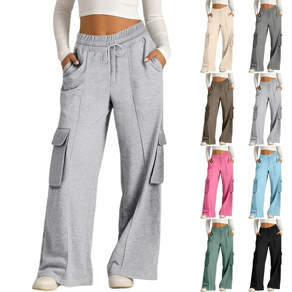 Women's Wide Leg Casual Pants with Drawstring Waist and Pockets Comfortable Solid Color Relaxed Fit Trousers