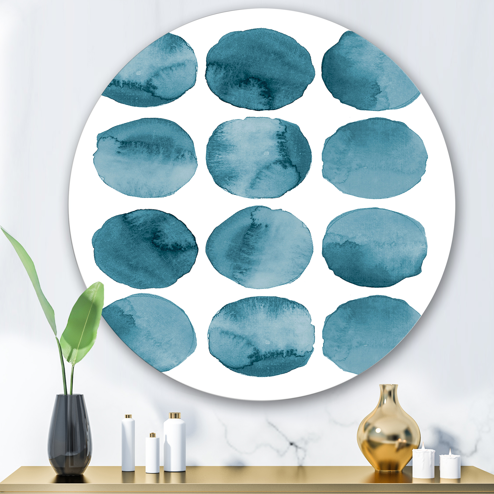 Designart 'Blue Aquamarine Circles Geometric Elements' Modern Circle Metal Wall Art 29x29 - Disc of 29