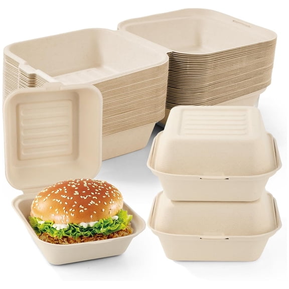 Topboutique Disposable Clamshell Food Containers 20 Pack Compostable To-Go Boxes, Bagasse Bento Cake Box with Lids for Sandwiches Burger Cookies, Biodegradable, 4x4 inch, Beige